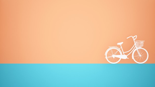 White bicycle on blue floor and orange wall background 