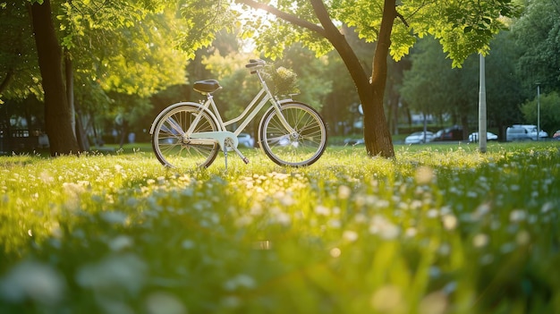 White bicycle in fresh summer park