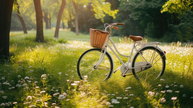 Photo white bicycle in fresh summer park