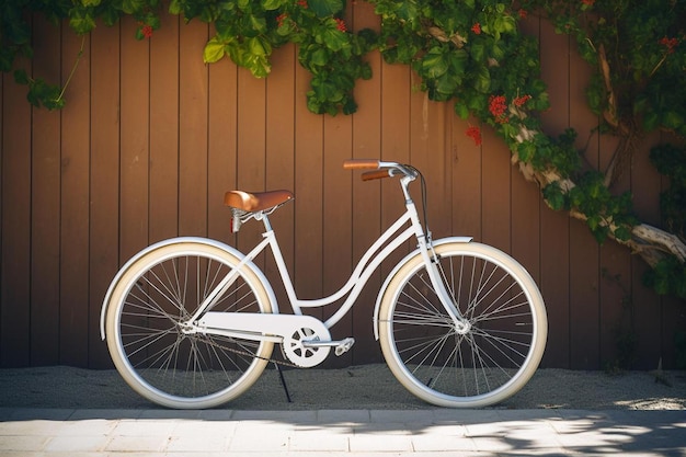 a white bicycle with a white frame and a wooden fence behind it.