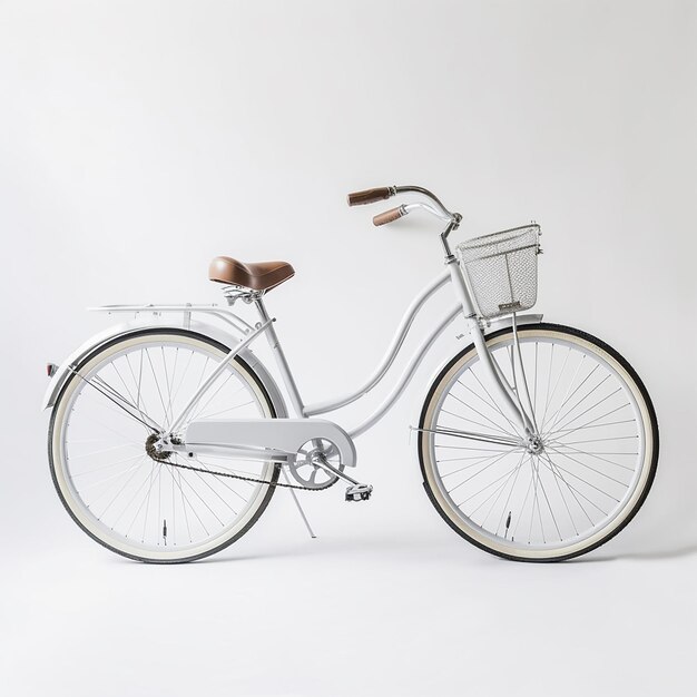 A white bike with a basket on it