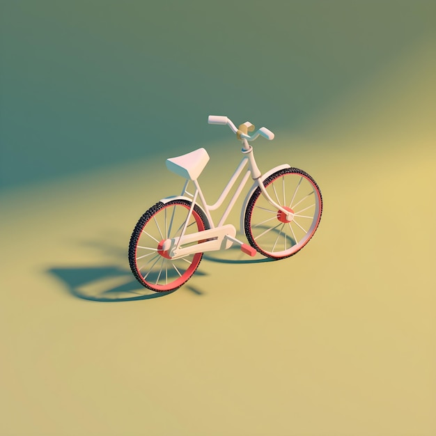 Photo a white bike with red trim sits in a yellow and blue background.