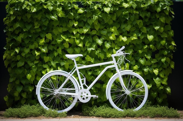 a white bike with a white seat is parked in front of a green hedge.