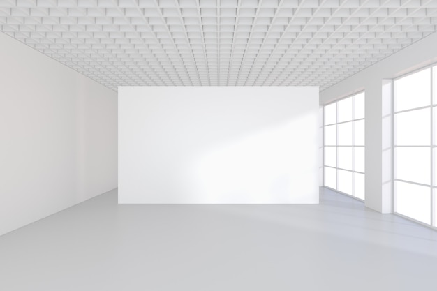 White billboard in an empty office with large windows 3D rendering