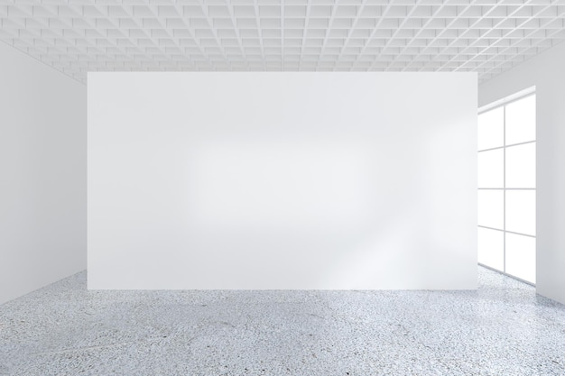 White billboard in an empty office with large windows and beautiful diffused light from the window. 3D rendering.