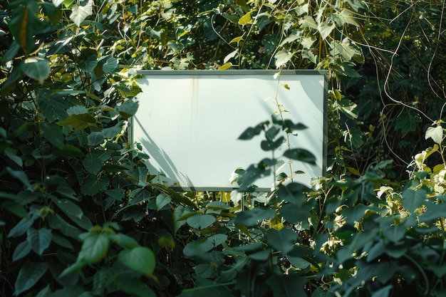Фото Белый рекламный щит на фоне весенних летних зеленых листьев