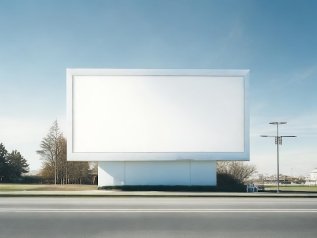 A white billboard on a side of a road with a blue sky in the background.