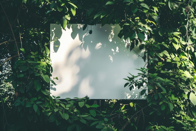 White billboard on spring summer green leaves background