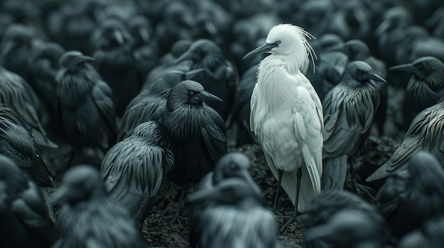 White bird among a crowd of black birds