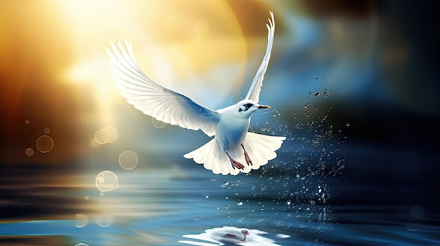 A white bird is flying over a lake with the sun shining on it.