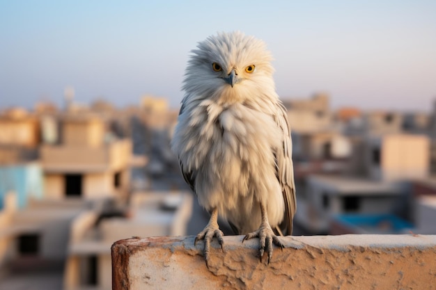 белая птица, сидящая на вершине обрыва перед городом