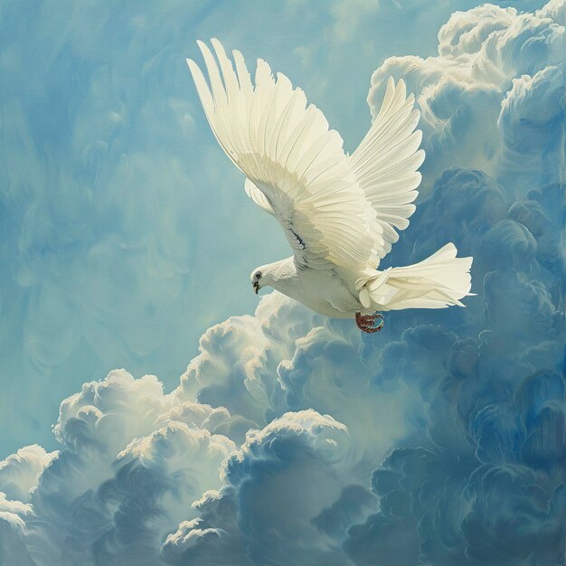 White Bird Soaring in Cloudy Blue Sky