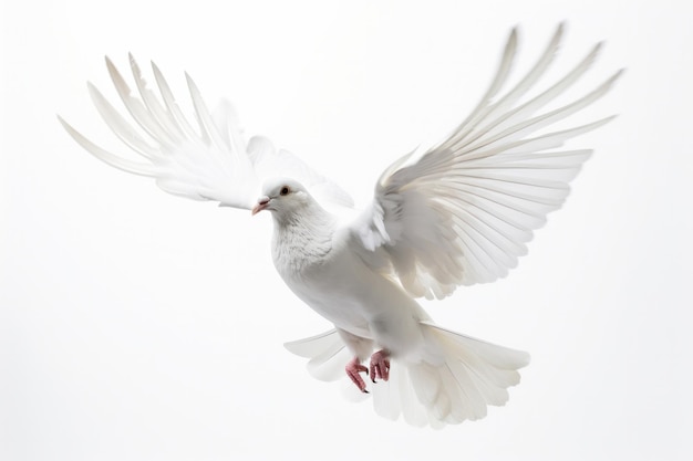 A white bird takes to the skies with wings outstretched