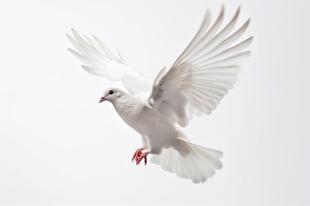 A white bird takes to the skies with wings outstretched