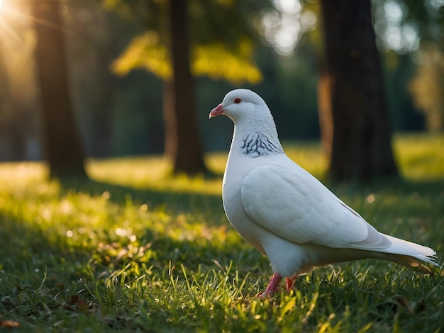 Photo white bird on vibrant green grass