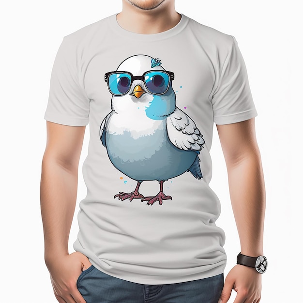A white bird wearing sunglasses and a blue shirt that says " peace dove ".