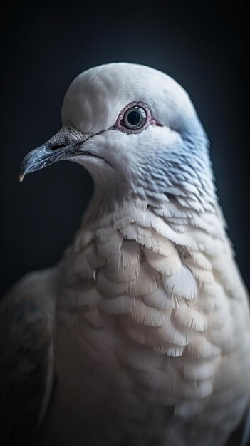 A white bird with a black beak and a red eye.