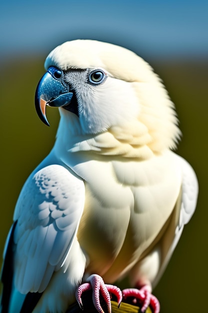 A white bird with a blue beak and a black beak.