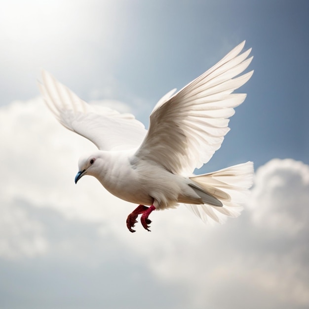 A white bird with a blue head is flying in the sky with the word peace on it A white dove flying in