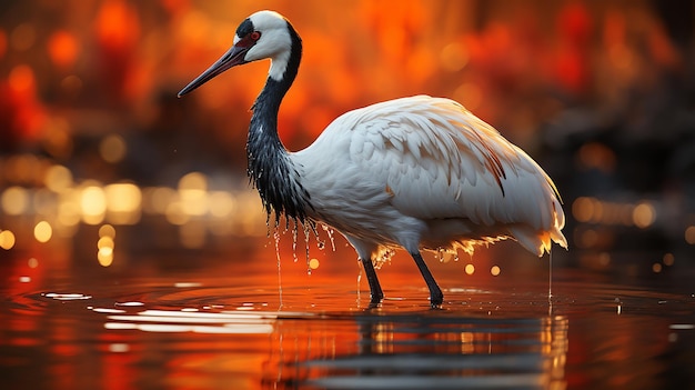 A white bird with a long neck is shaking water off its feathers