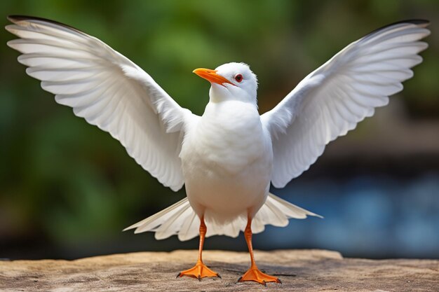 A white bird with orange beaks and orange feet stands with its wings spread