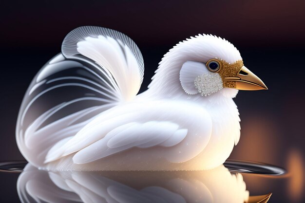 A white bird with a white head and tail sits on a reflective surface.