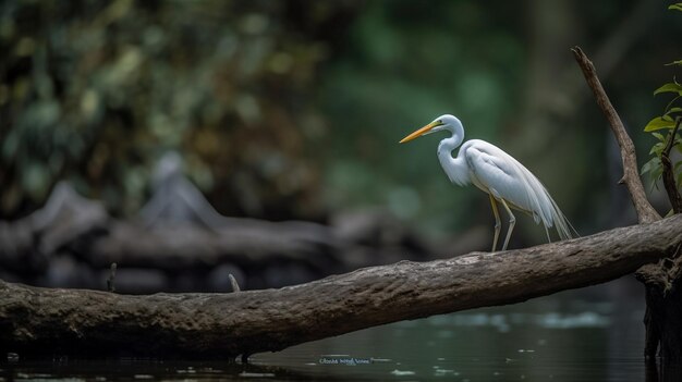 A white bird with a yellow beak stands on a branch in a river