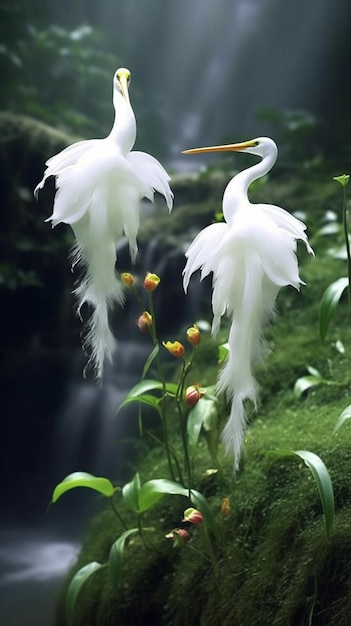 A white bird with a yellow beak stands in front of a waterfall.