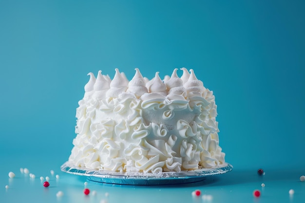 White birthday cake over blue background