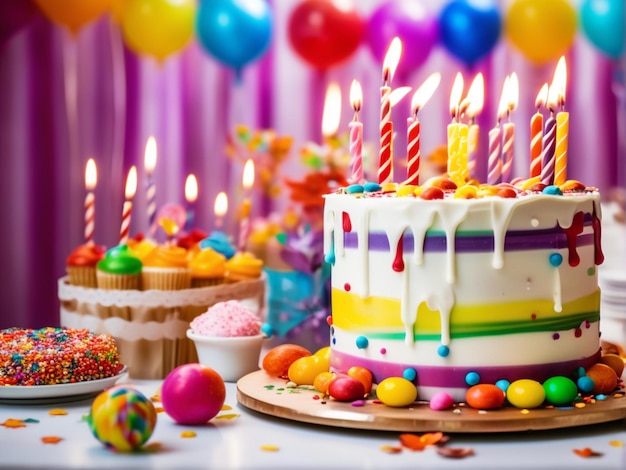 불이 달린 색 생일 케이크: 어린이를 위한 생일 파티, 재미있는 다채로운 케이크