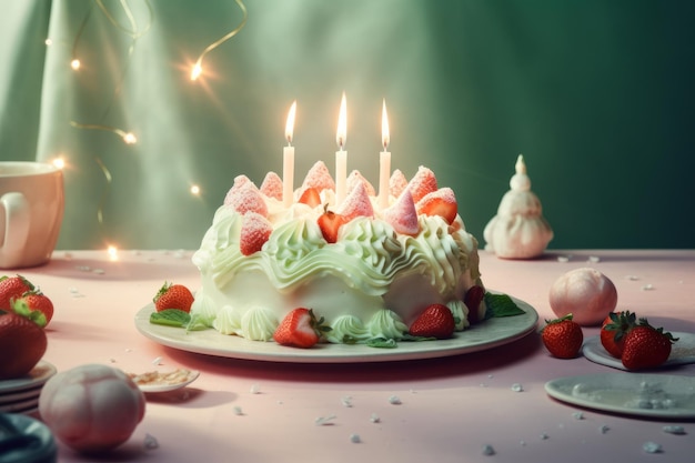 White birthday cake with strawberries and candles Created with generative AI technology