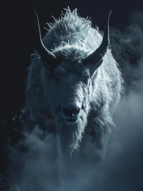 White Bison With Long Horns in Fog