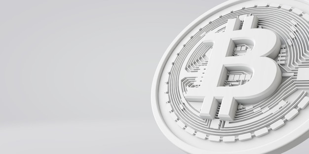 A white bitcoin cryptocurrency coin against a grey background d rendering