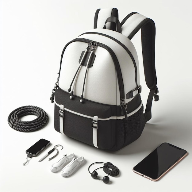 White black backpack bag on a rope Sport bag mockup on white background