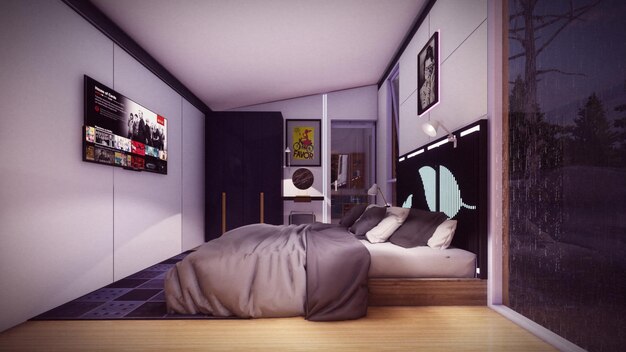 white black bedroom interior design 3d illustration