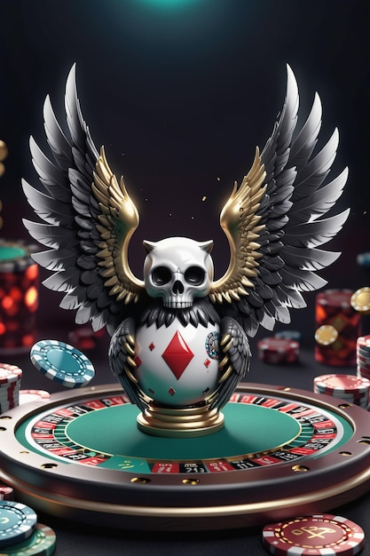 a white and black bird with red eyes sitting on top of a poker chip