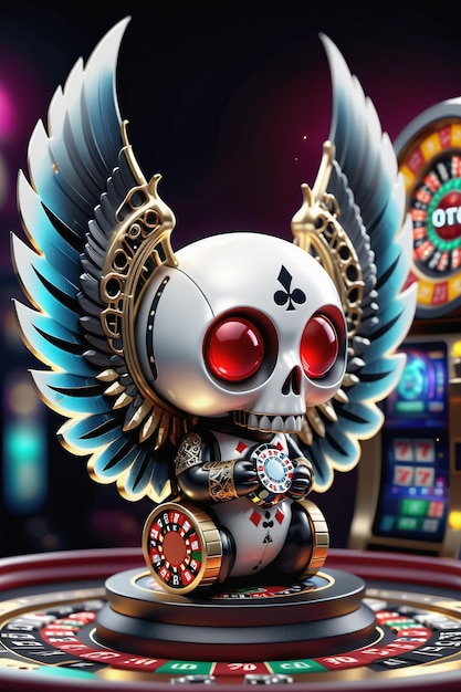 a white and black bird with red eyes sitting on top of a poker chip