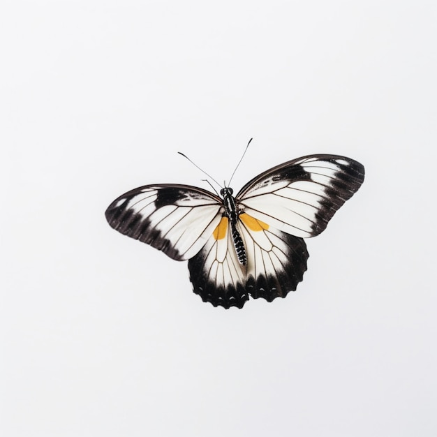 Photo a white and black butterfly with a yellow stripe on the wings is flying.