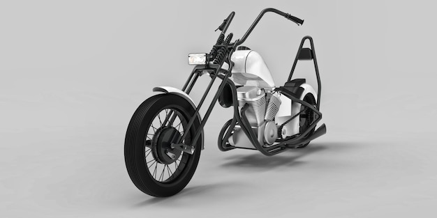 White and black classic custom motorbike isolated on light gray background. 3d rendring.