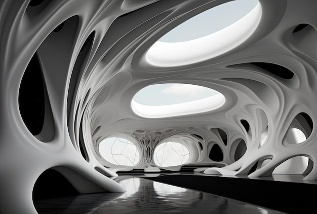 white and black geometric shapes in a modern structure in the style of organic architecture