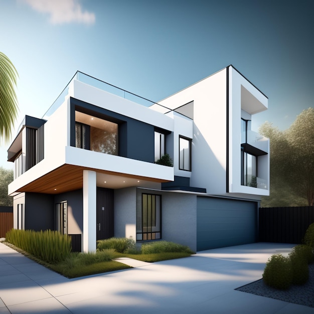 A white and black house with a large window and a green palm tree in the background.