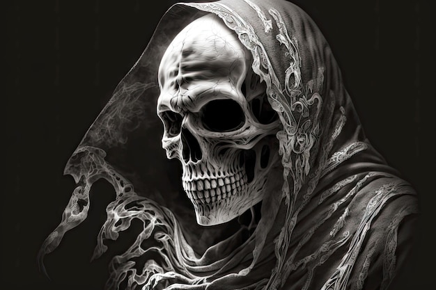 Photo white black image of scary skull ghost skeleton generative ai