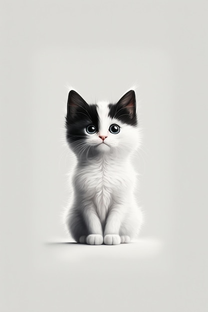 A white and black kitten with a black face sits on a gray background.