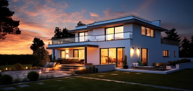 white and black luxury house at dusk with red sky in the style of dark green and light amber