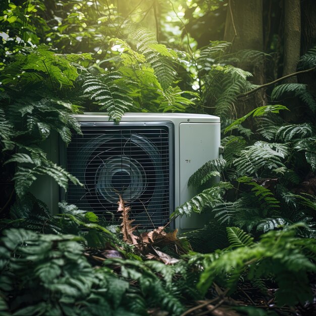 Photo a white and black microwave sits in the woods