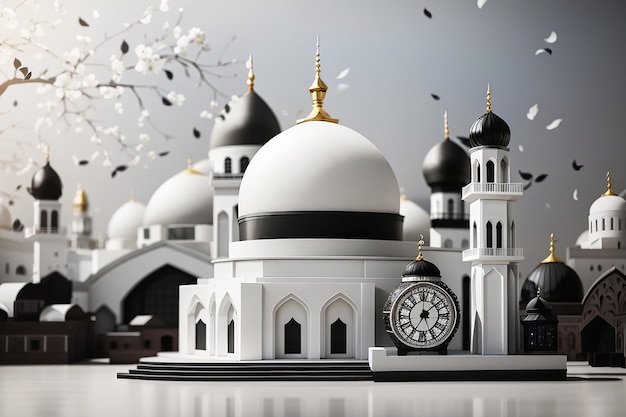 A white and black mosque clock on the top background ramadan social media