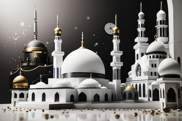 A white and black mosque clock on the top background ramadan social media