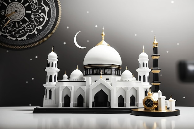 A white and black mosque clock on the top background ramadan social media