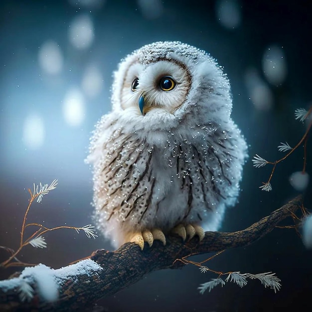 A white and black owl sits on a branch with snow on the branches.