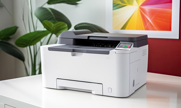 A white and black printer sitting on top of a table